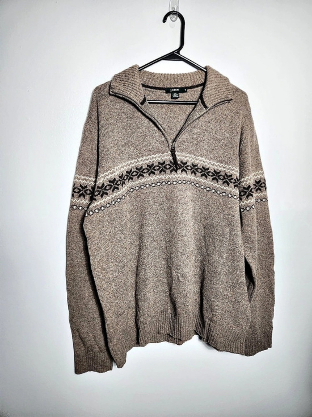 Vintage J. Crew Lambswool Fair Isle Nordic 1/4 Zip Pullover Sweater Brown XL